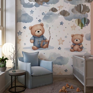 Papel tapiz de osos, nubes y estrellas / Mural decorativo para habitaciones infantiles y de niños, de vinilo y tela no tejida autoadhesiva, papel tapiz estrellado