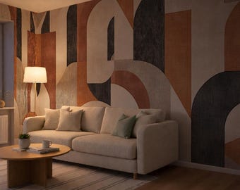 Retro Warm Tone Wallpaper, Geometric Shapes Peel and Stick Wall Mural, Boho Beige and Brown Wall Decal, Color Customizable Wallpaper