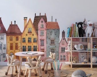 House Wall Decal, Watercolor Buildings Adhesive Wallpaper, Children and Baby's Room Mural, Cute Houses, City Wall Decals, Nursery Decals