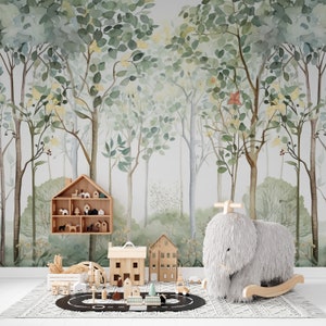 Watercolor Forest Wallpaper, Watercolor Nursery and Kids Room Decoration, Kids Room Decorer, Jungle Nursery Decor, Kidsroom Wall Decal