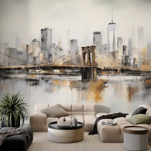 Landscape Wallpaper, Brooklyn Bridge Watercolor Art Mural Decor for Home & Office Wall, Peel Stick and One Piece, View Wallpaper image 7