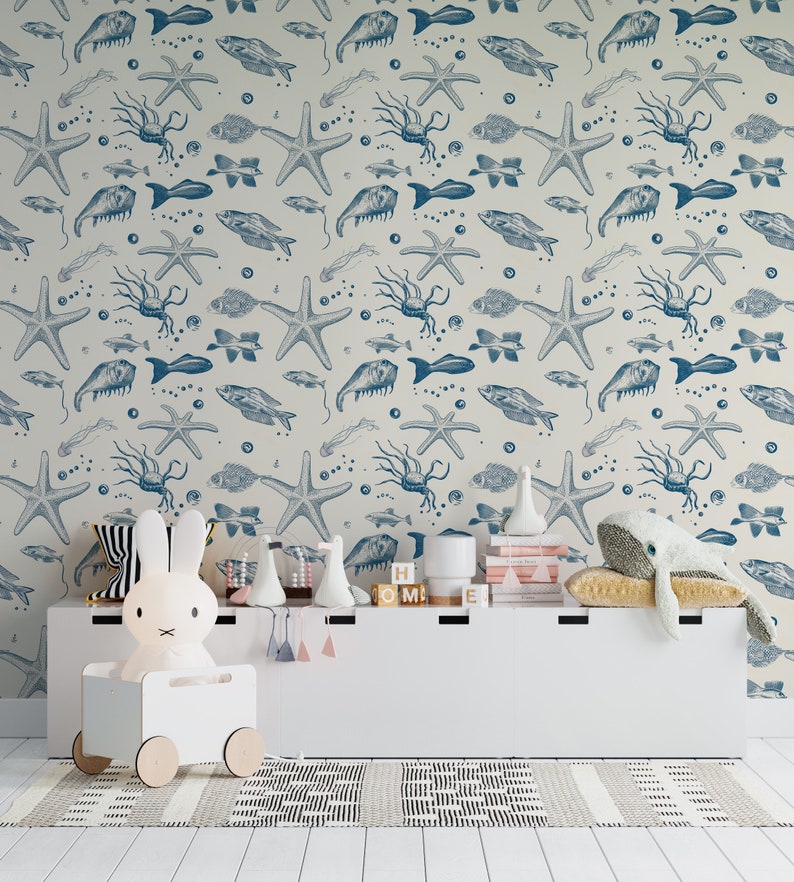 Buy Coastal Sea Creatures Wallpaper, Coastal Blue Fish Ocean Mural