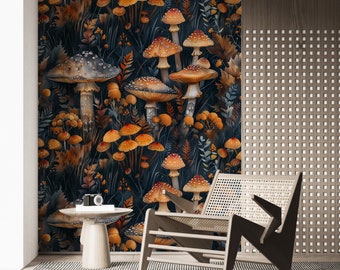 Vintage Dark Orange Mushroom Wallpaper, Botanical Luxury Wall Art, Living Room and Bathroom Mural Decor, Peel and Stick, Removable Wallpaper
