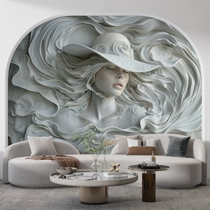 3D Illusion Relief Wallpaper, Woman Face Abstract Wall Mural, Realistic Mural Wallpaper, Embossed Look Wall Decal, Textured Modern Wall Art