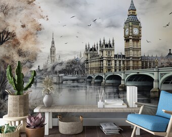 ロンドンビッグベンの壁紙、水彩画アート風景壁画装飾、自宅やオフィス