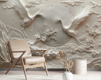 Papier peint grue en relief, décoration murale 3D en relief, papier peint en relief arbre et oiseaux, décoration murale blanche en relief, papier peint japonais 3D