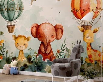 Giraffe olifant leeuw behang, dierenbehang, hete luchtballon muur muurschildering, Safari jungle behang, kinder- en babykamer muurschildering decor