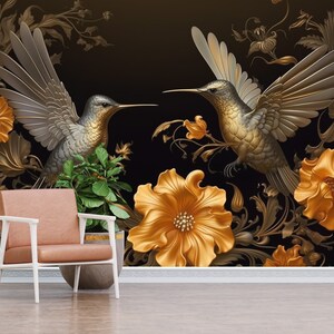 3D Vogel-Tapete: Kolibri-Wandbild Gold-Blumen-Poster Einfach anzubringende Luxus-Tapete Bild 6