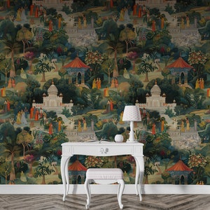 Lush Jaipur Garden Wallpaper, Indian Wallpaper, Scenic Removable Wall Art, India Mughal Design, Peel and Stick Mughal Wallpaper