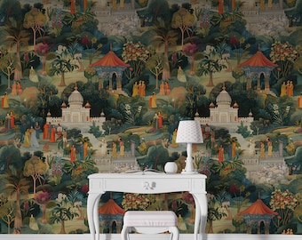 Üppige Jaipur Gartentapete, indische Tapete, Malerische Abnehmbare Wandkunst, Indien Mughal Design, Mughal Tapete zum Schälen und Aufkleben