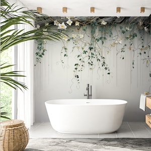 Hanging Wallpaper, Hanging Green Leafs and Flower Wallpaper, Greenery Wallpaper, Tropic Wall Mural, Floral Boho Mural Decor, Vine Wall Mural