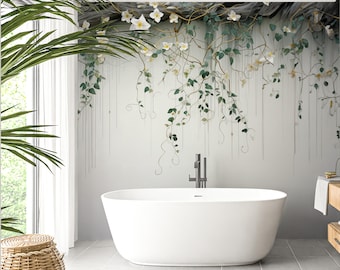 Hanging Wallpaper, Hanging Green Leafs and Flower Wallpaper, Greenery Wallpaper, Tropic Wall Mural, Floral Boho Mural Decor, Vine Wall Mural