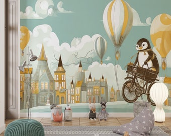 Cycling Penguin Nursery Wallpaper Peel and Stick, Baby Wallpaper, Cute Animal Kids Room Decor, Cartoon Wall Mural, Magical Penguin