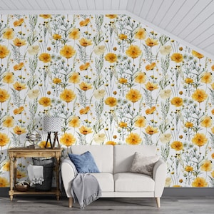 Carta da parati con fiori selvatici gialli, murale floreale arancione, murale con fiori di margherita gialla ad acquerello