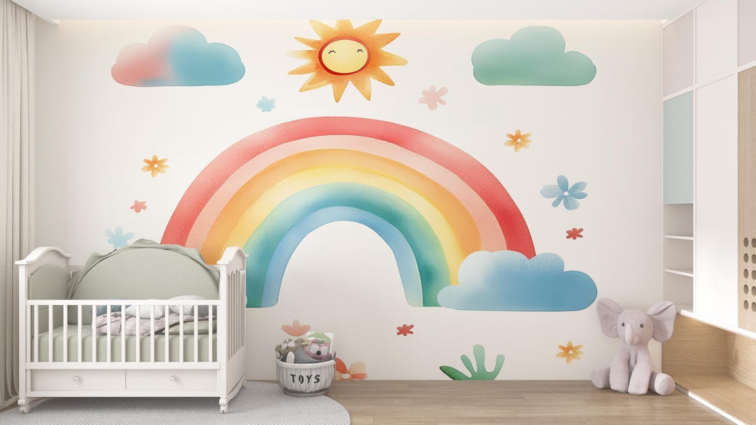 Watercolor Rainbow and Clouds Wallpaper, Cute Playroom and Kids Room ...