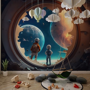 Carta da parati con pianeti e spazio per bambini e cameretta dei bambini / Arte murale con paesaggio spaziale 3D / Carta da parati con astronauti / Adesivo murale con galassia staccabile