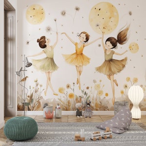 Nursery and Kids Room Wallpaper, Dancing Ballerinas Fairy Tale Mural Decor, Peel and Stick Nonwoven and Vinyl, Ballerina Poster