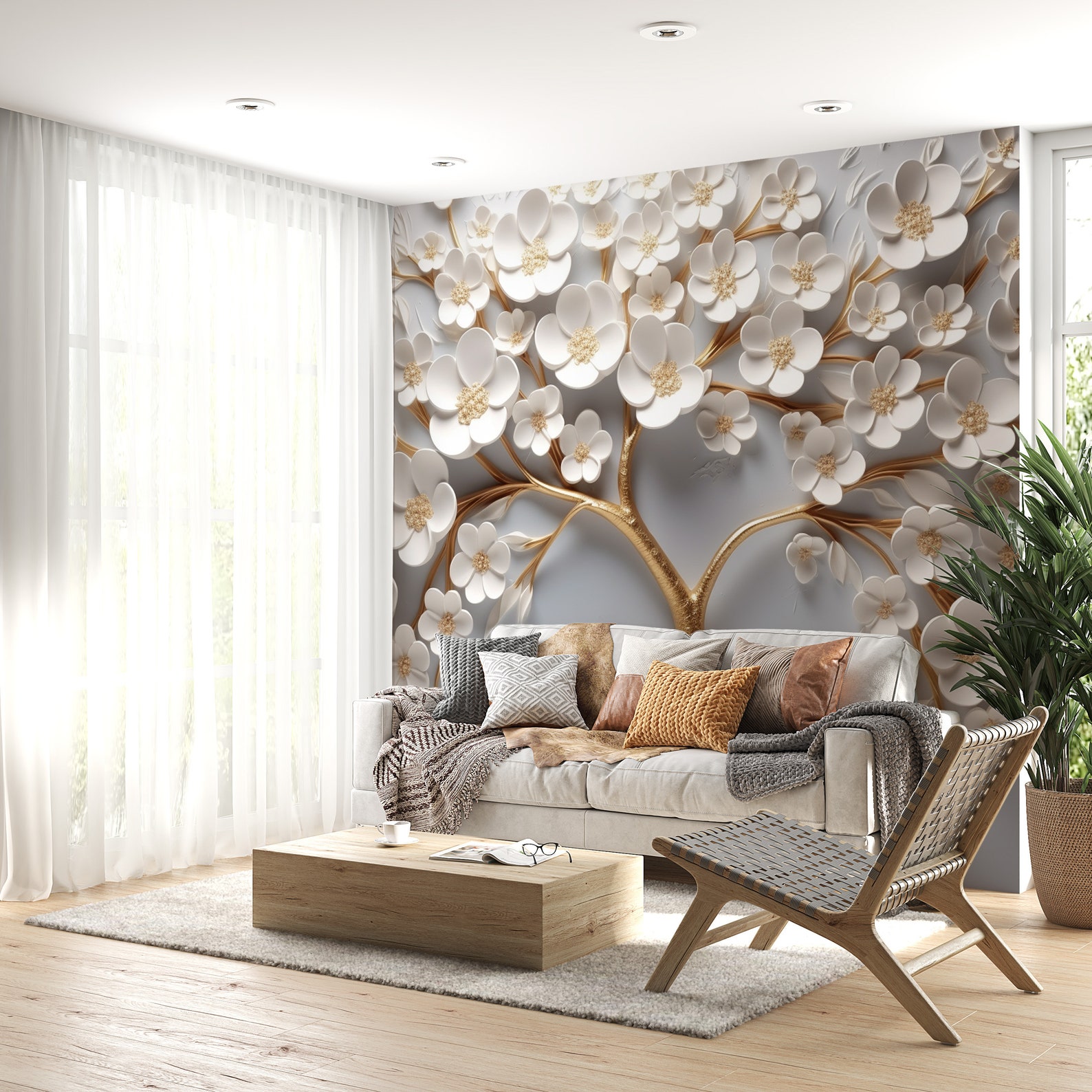 3D White Flowers Tree Wallpaper, Embossed Look Floral Wall Art, 3D ...