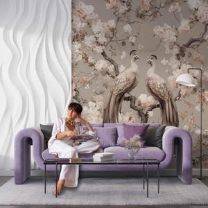 Two Peacock Chinoiserie Wallpaper, Floral Peel and Stick Mural, Chinese Temporary Wall Decor, Removable Floral Wallpaper, Chinoiserie Mural