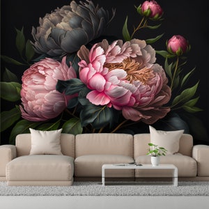 Carta da parati con fiori di peonia per soggiorno e camera da letto, carta da parati floreale naturale e botanica, carta da parati con grandi fiori