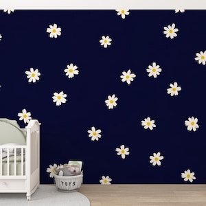 Carta da parati con margherita bianca su blu scuro, motivo floreale, adesivo da parete moderno e minimalista con fiori per camera da letto, soggiorno o cameretta dei bambini
