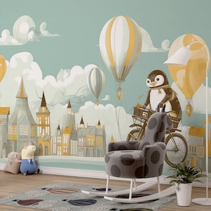 Cycling Penguin Watercolor Nursery Wallpaper, Clouds and Balloons Peel and Stick Kids Wall Decor, Removable,