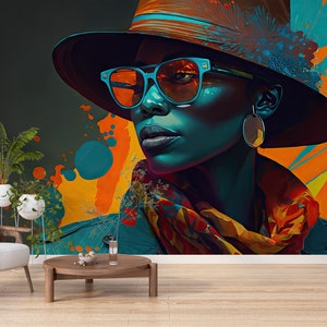 Black Woman Mural Wallpaper, Colorful Woman Wall Art, Beauty Parlour Decals, Hairdresser Wall Decal, Beauty Center, Spa Salon Wallpaper
