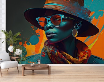 Black Woman Mural Wallpaper, Colorful Woman Wall Art, Beauty Parlour Decals, Hairdresser Wall Decal, Beauty Center, Spa Salon Wallpaper