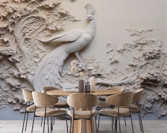 Papier peint effet gaufrage oiseau blanc, décoration murale animal amovible, amovible, papier peint grue, décalcomanie murale japonaise, papier peint en relief