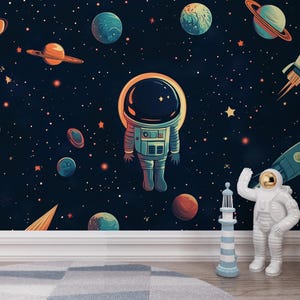 Carta da parati con pianeti, razzi e astronauti per bambini e camerette, divertente murale a tema galassia, adesivo da parete con avventura cosmica blu scuro