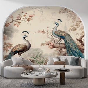Chinoiserie Mural, Peacock Wallpaper, Chinoiserie Wall, Birds Wallpaper, Asian Wall Mural, Chinoiserie Wall Art, Asian Peel and Stick