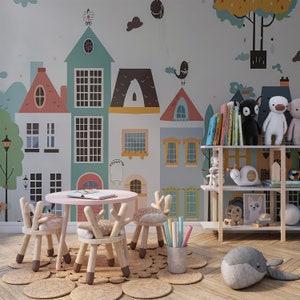 Carta da parati adesiva con edifici ad acquerello per la cameretta dei bambini, decorazione murale per la cameretta dei bambini e dei neonati ad acquerello, murale adesivo con vista sulla città