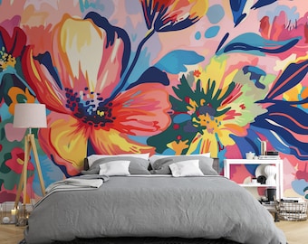 Watercolor Colorful Big Floral Wallpaper, Living Room Nursery And Bedroom Flowers Wall Art, Removable Abstract Flowers Mural