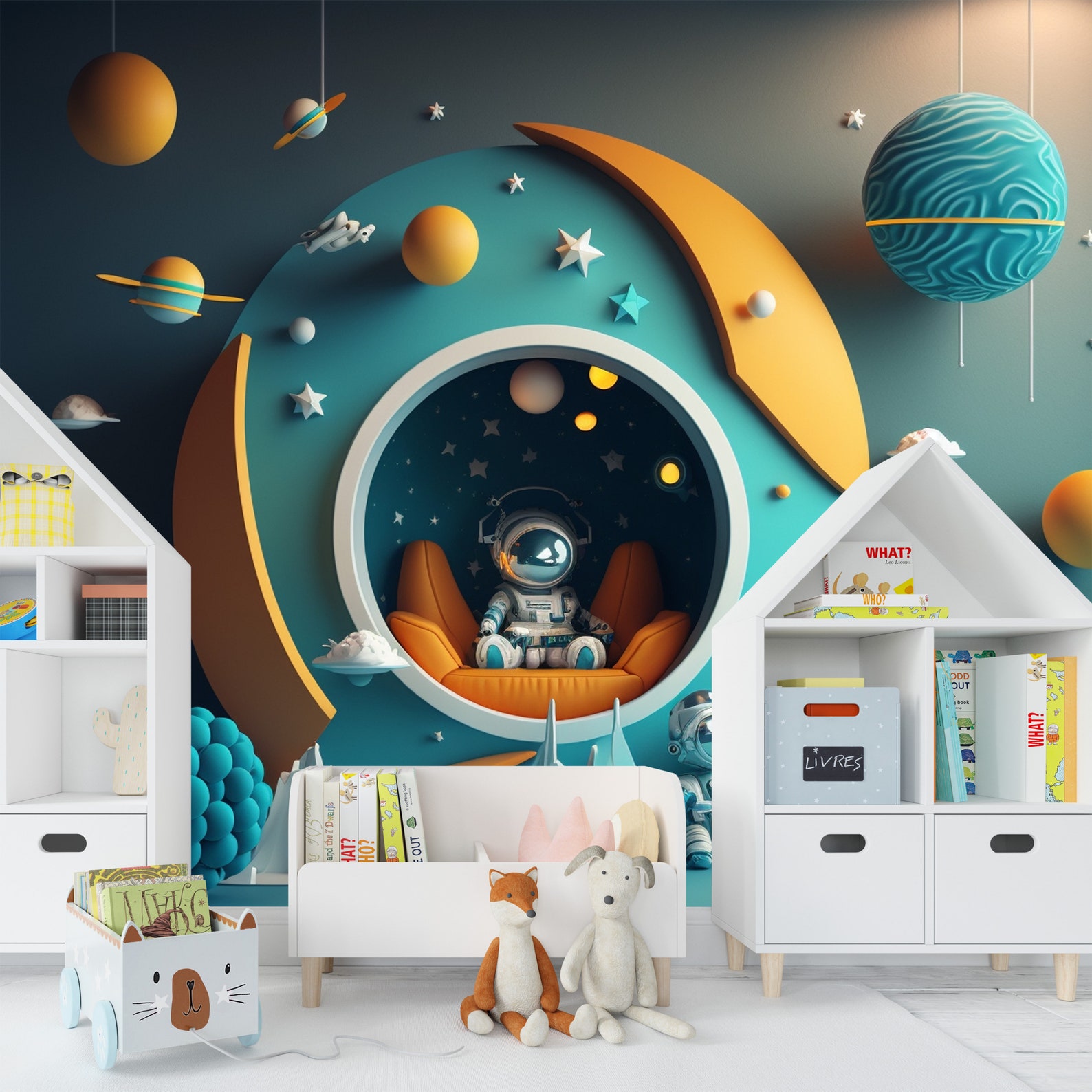 Planet and Astronaut Wallpaper for Kids and Nursery Room, 3D Space ...