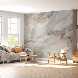 Carta da parati con texture in marmo acrilico bianco e grigio, murale rimovibile oro astratto, carta da parati artistica astratta, decorazione murale moderna