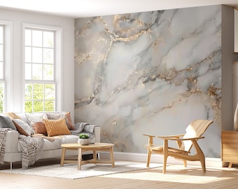 White and Gray Acrylic Marble Texture Wallpaper, Abstract Gold Removable Wall Mural, Abstract Art Wallpaper, Modern Art Wall Decor