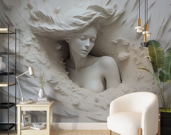 3D illusie vrouw behang: realistische muurschildering kunst behang, kunst muur muurschildering, vrouw gezicht Peel en Stick, zelfklevende verwisselbare muur kunst
