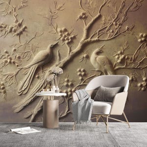 Carta da parati riflettente in oro, murale con effetto in rilievo di alberi e uccelli, carta da parati con foglia d'oro, arte murale strutturata, carta da parati di lusso, carta da parati in cemento