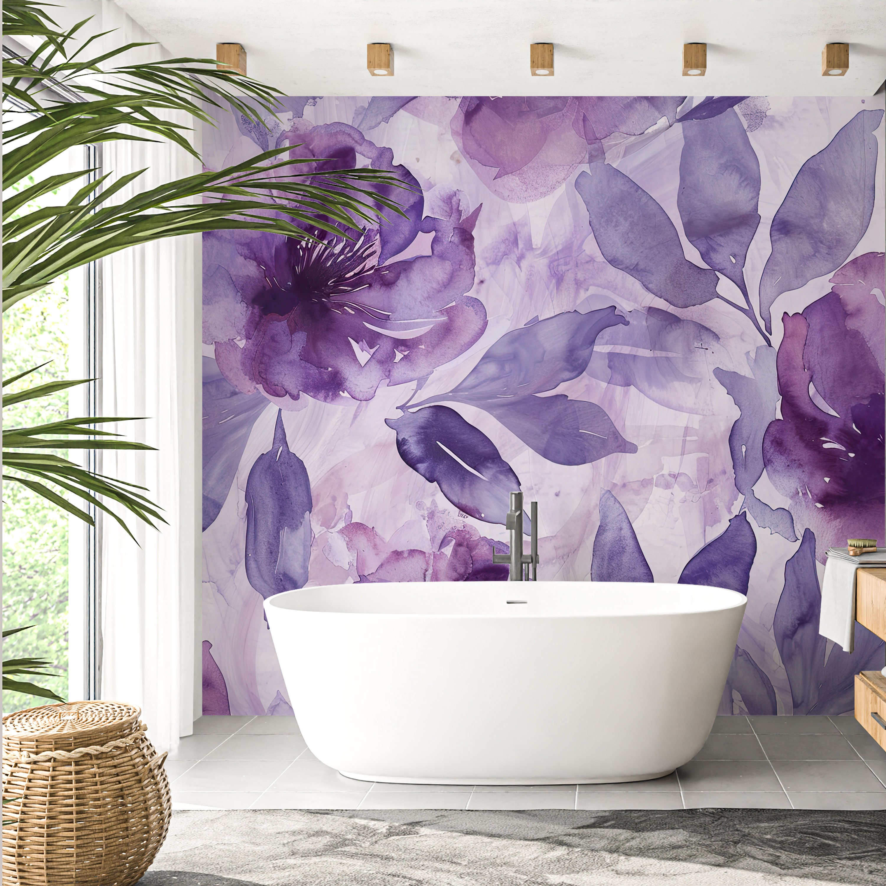 Purple Peony Flowers Watercolor Wallpaper, Florals Wall Decor for ...