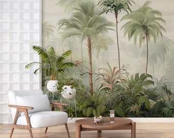 Palm Trees Tropical Wallpaper / Jungle Landscape Mural Decor / Peel Stick and One Piece / Removable Island Wallpaper