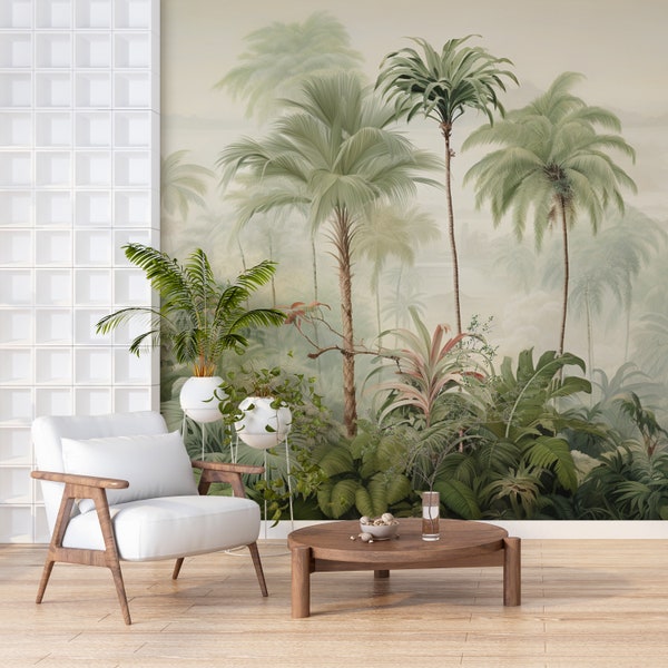 Palm Trees Tropical Wallpaper / Jungle Landscape Mural Decor / Peel Stick and One Piece / Removable Island Wallpaper
