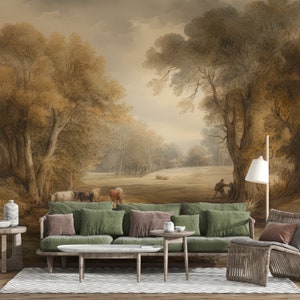 Rustikale ländliche Malerei Wandbild, Natur Aquarell Landschaft Tapete, Retro Landschafts-Wandbild, Weinlese-Waldwandabziehbild