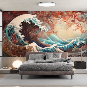 Carta da parati astratta con onde marine, paesaggio di Kanagawa, arte murale giapponese - facile da applicare, staccare e attaccare, tessuto non tessuto, vinile tessile, arte murale