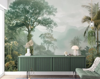 May include: A green, wooden cabinet with a slatted design sits in front of a wall mural depicting a lush, tropical rainforest. The mural features a misty, green landscape with tall trees and a mountain range in the background.
