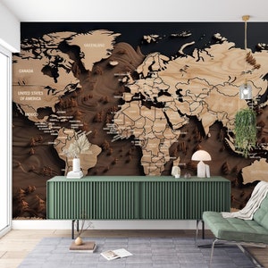 3D Wooden World Map Wallpaper, Countries Removable Home & Office Mural Decor, Political World Map, Easy Apply, Detailed Map World