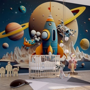 Carta da parati con razzi spaziali e pianeti per bambini e cameretta dei bambini, murale spaziale, carta da parati con pianeti e astronauti, carta da parati spaziale 3D