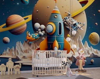 Space Rocket and Planets Art Wallpaper for Kids and Nursery Room, Space Wall Mural, Planet and Astronaut Wallpaper, 3D Space Wallpaper Art