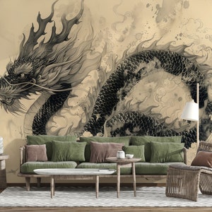 Sketch Dragon Wallpaper, Drawing Mural, Line Art Decal, Peel and Stick Textile, Removable Wall Art Decor, Chinese Line Decor, Sketch Art