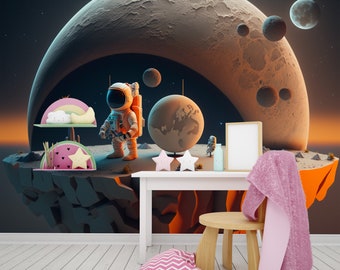 Ein Astronaut und Planeten Kunst Wallpaper für Kinder und Kinderzimmer, Weltraum Landschaft Wallpaper - abziehen und aufkleben, Vliesstoff, Textil Vinyl