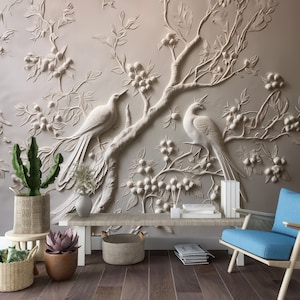 Carta da parati in rilievo con alberi e uccelli, decorazione murale per soggiorno e camera da letto, stacca e attacca, carta da parati con aspetto goffrato